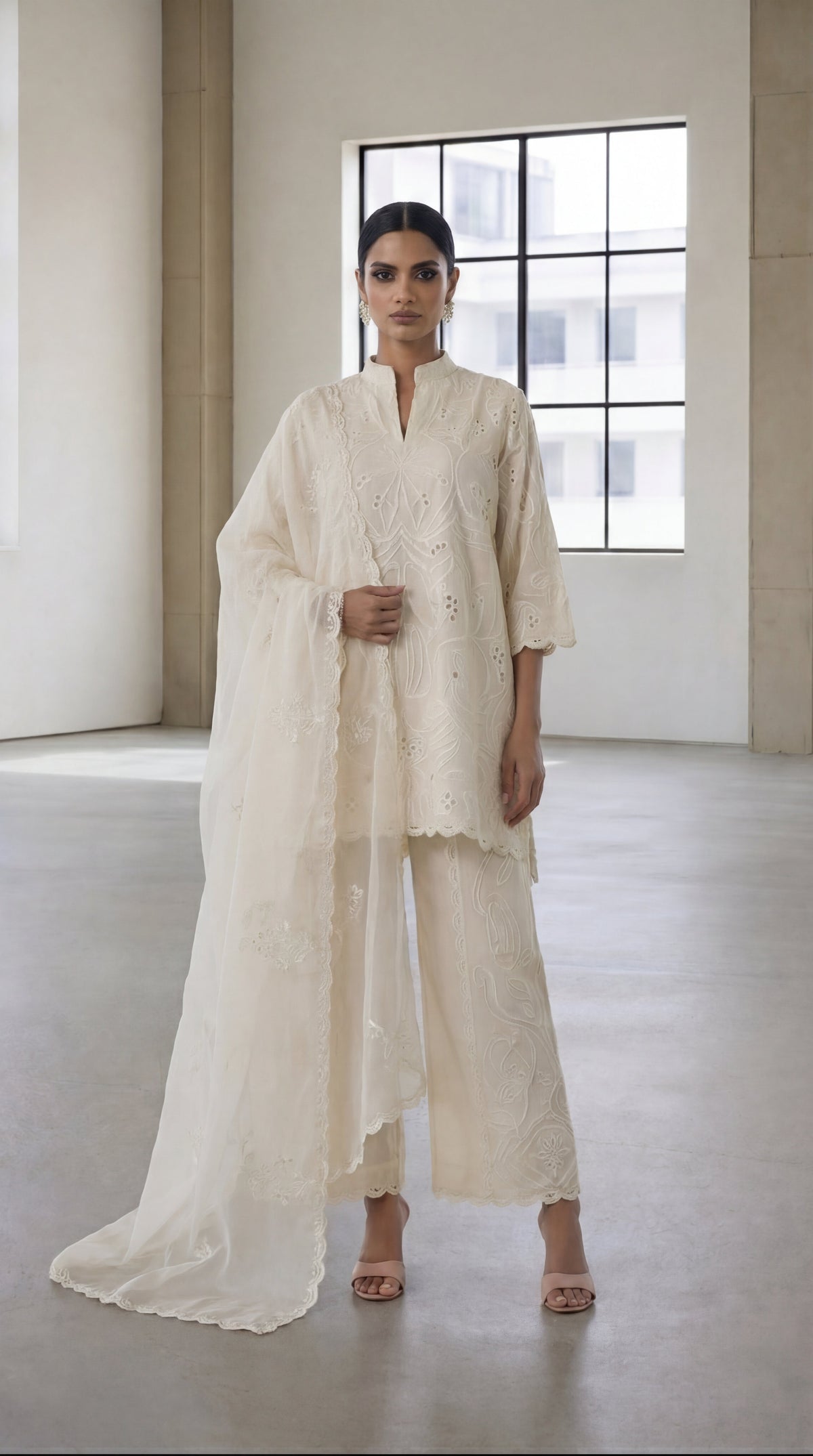 Reema Ahsan - Ayra Khadi Silk Suit For Women - Ivory - 3 Piece