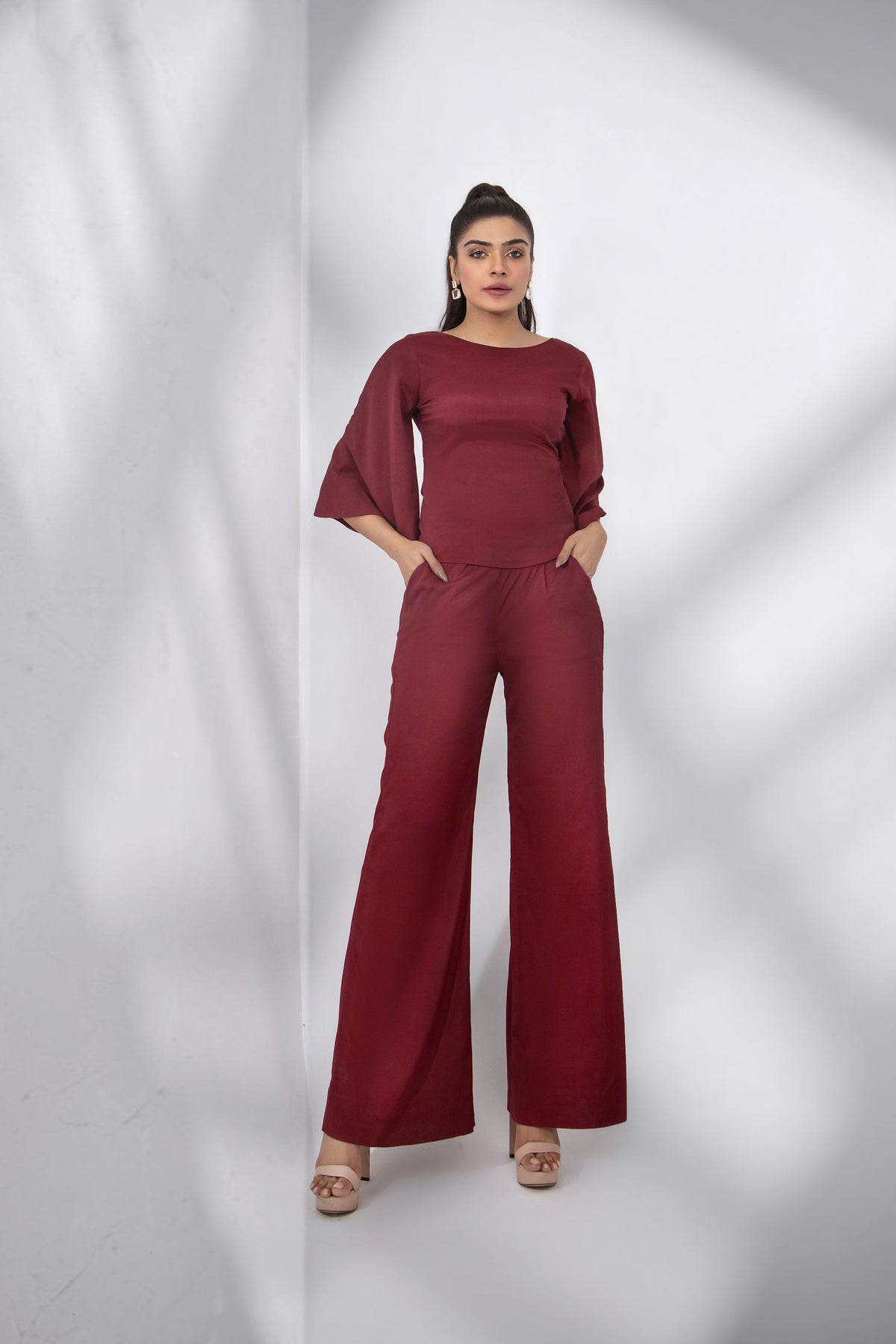 Syah - Casual Top With Trouser - Maroon - Crepe - 2 Piece