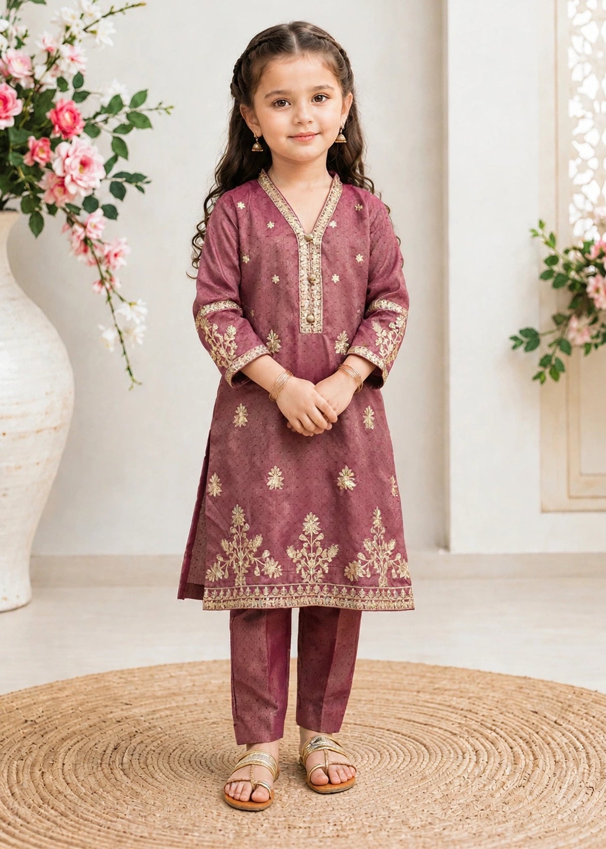 Modest - Maysuri Embroidered Suit For Girl - Maroon - 3 Piece