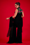 Salahuddin Pasha - Matte Noir Bloom Velvet Gharara For Women - Black - 3 Piece