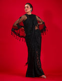 Salahuddin Pasha - Magnifique Cutwork Lace Saree For Women - Black - 2 Piece