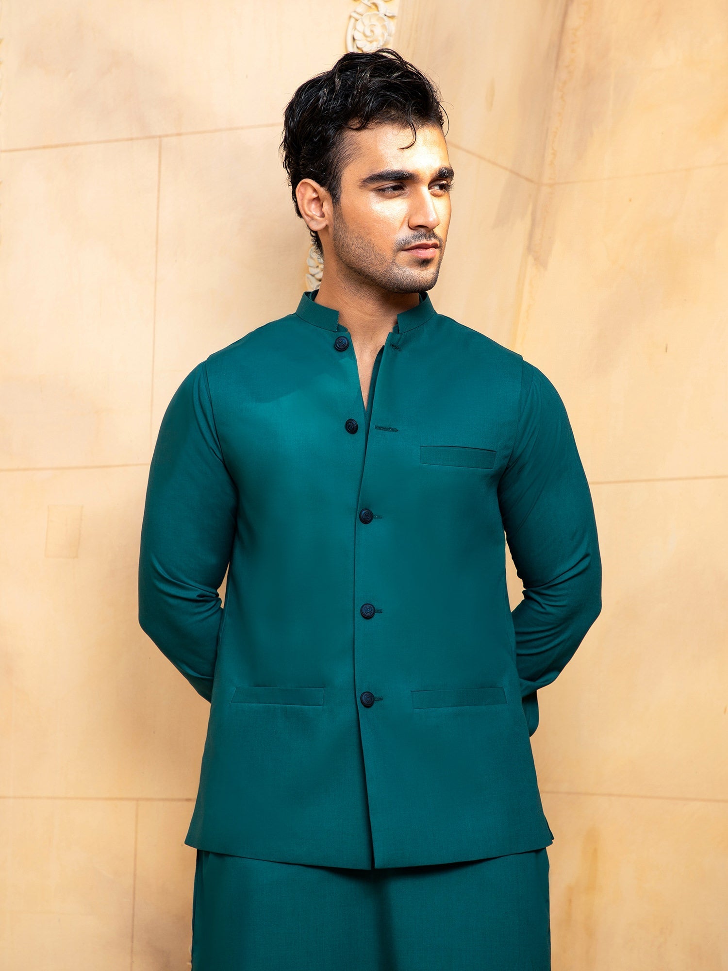 Shahjahan - Teal Kurta Trouser With Waistcoat - 3 Piece