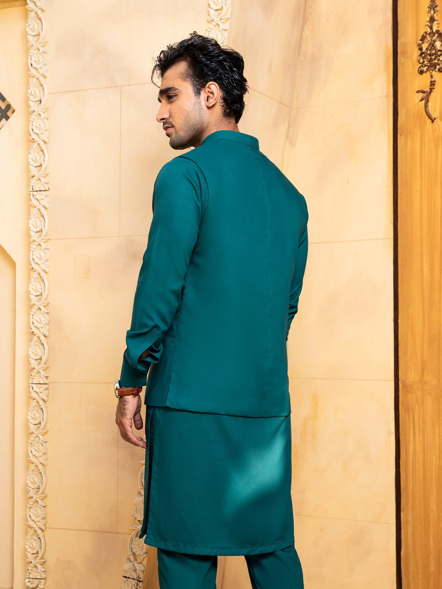 Shahjahan - Teal Kurta Trouser With Waistcoat - 3 Piece