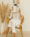 Ayla Studio - Cotton Embroidered Suit For Women - White Floral - 2 Piece