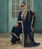 Maheen Khan - Zaraab Silk Chiffon & Crepe Tunic Sets For Women - Navy - 3 Piece
