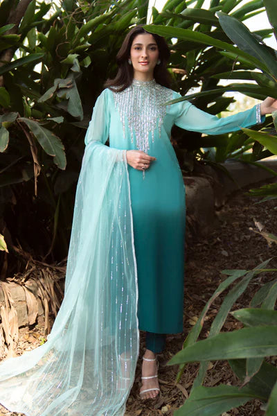 Natasha Kamal - Gorgette Chiffon Alana Suit For Women - Shaded Aqua - 3 Piece