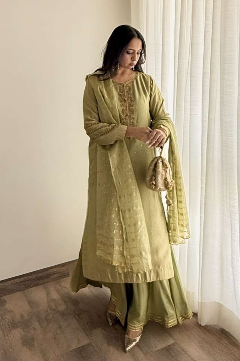 Minutiae - Amara - Shisha Silk/Cotton Silk/Banarsi Chiffon - Pistachio Green - 3 Piece