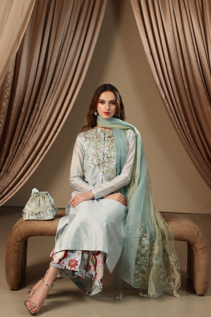 Musferah Saad - Ariana - Ice Blue - Tissue Silk & Organza - 3 Piece