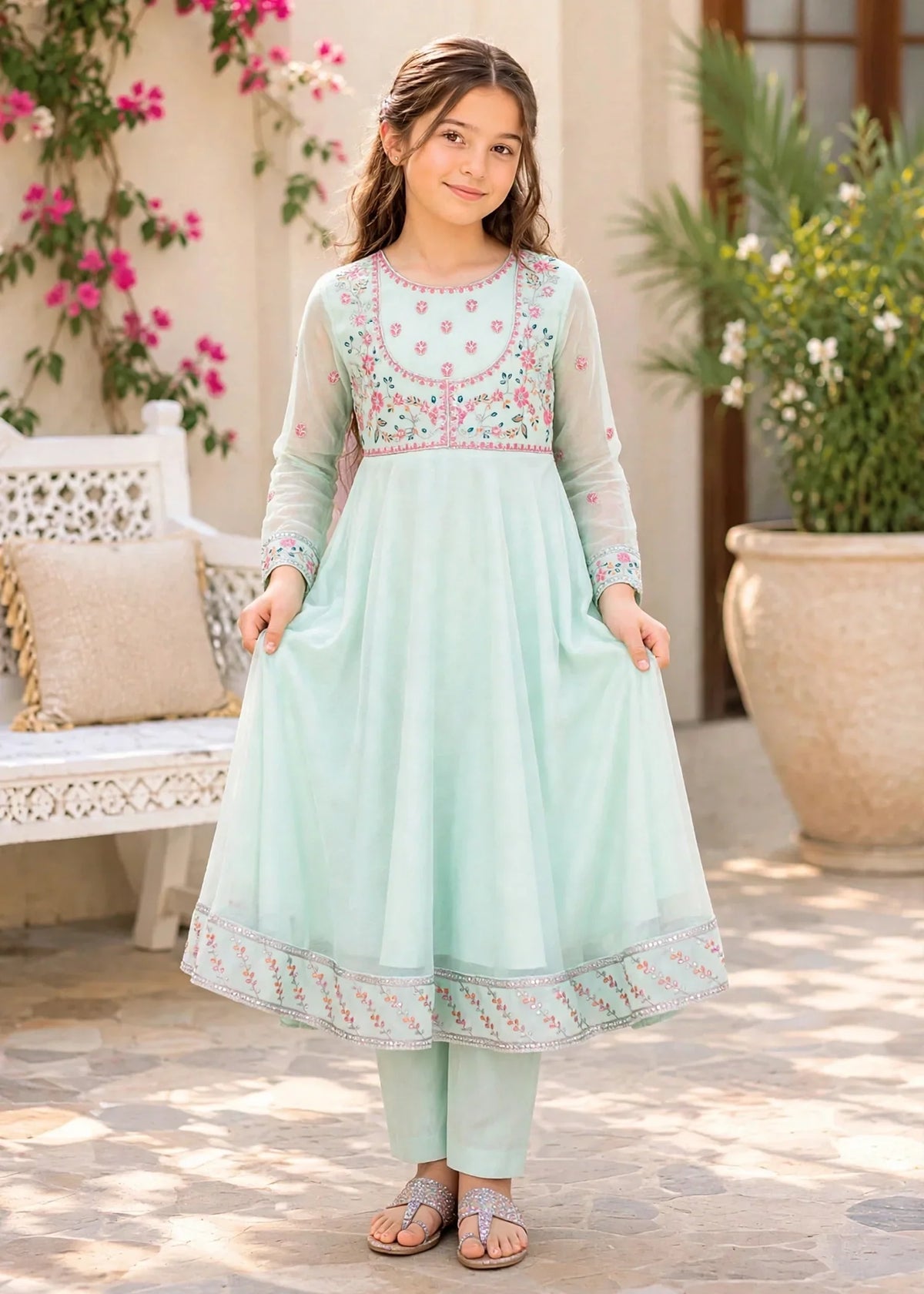 Modest 3 Piece Blue Embroidered Crinkle Suit