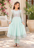 Modest 3 Piece Blue Embroidered Crinkle Suit