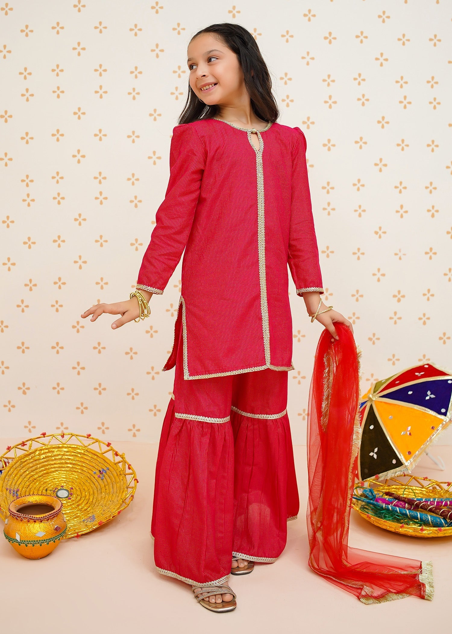 Modest - Girls Red 3 Piece Gharara Set | 9520
