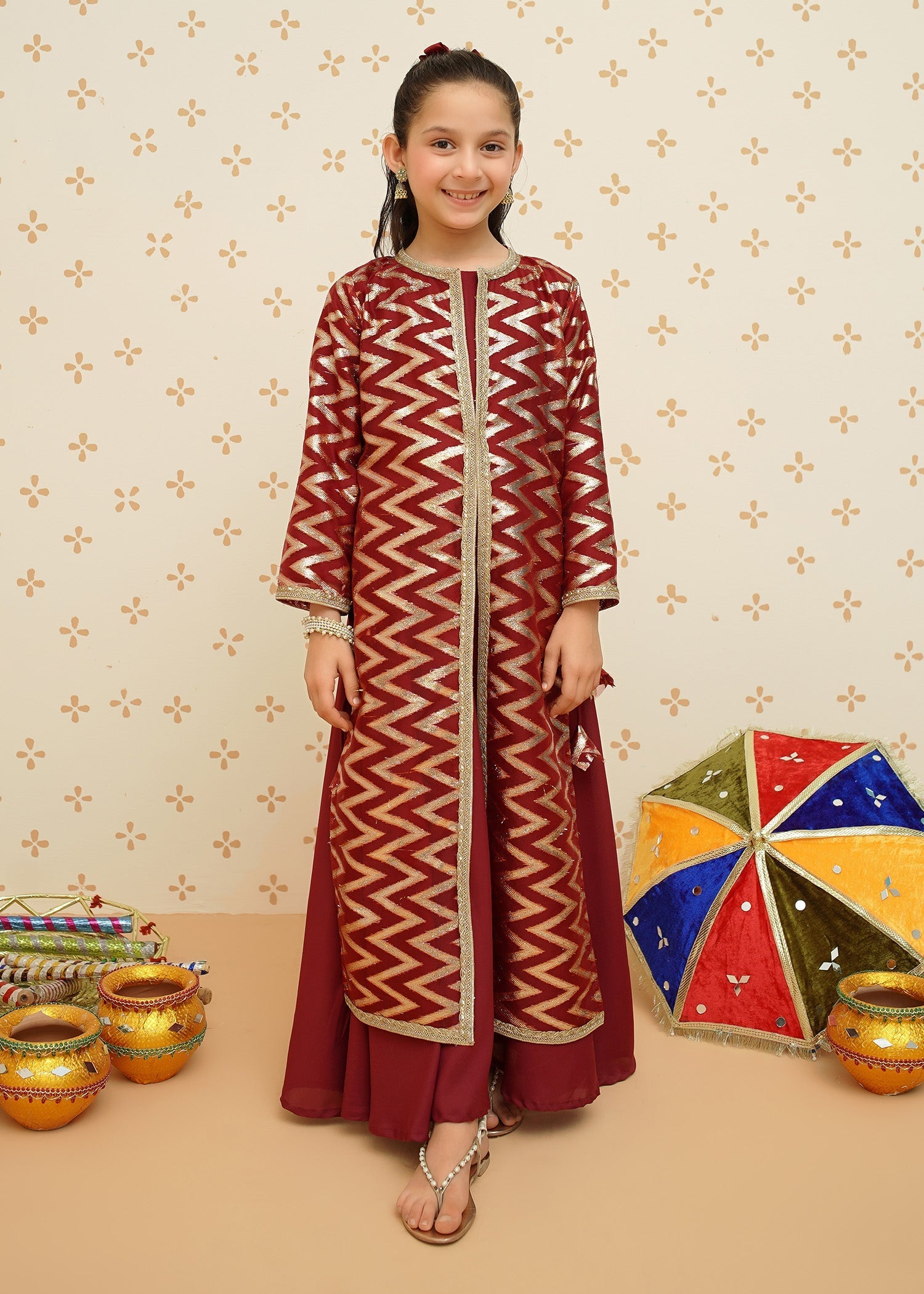 Modest - Girls Organza Suit | 8985 - Maroon - 4 Piece