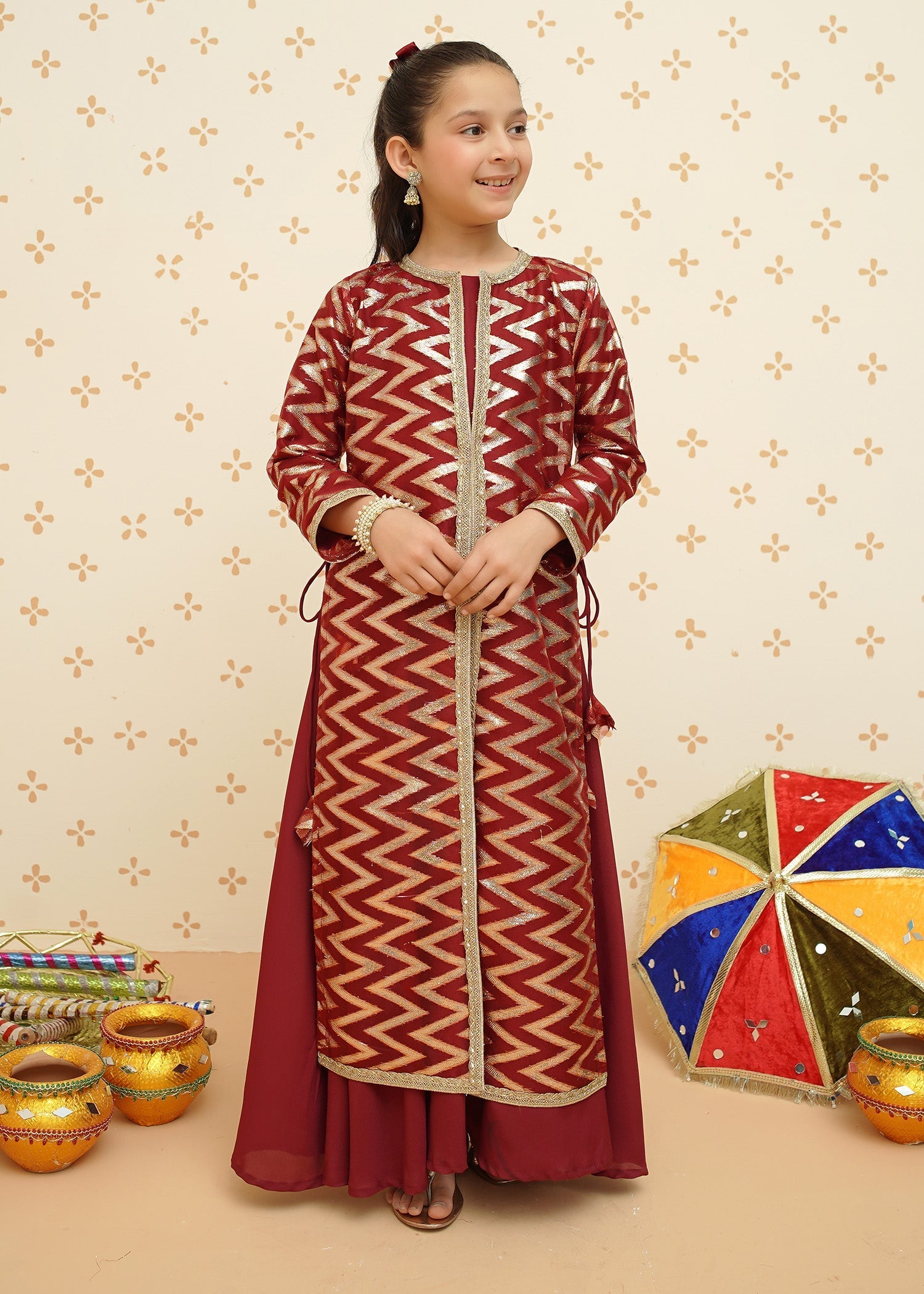 Modest - Girls Organza Suit | 8985 - Maroon - 4 Piece