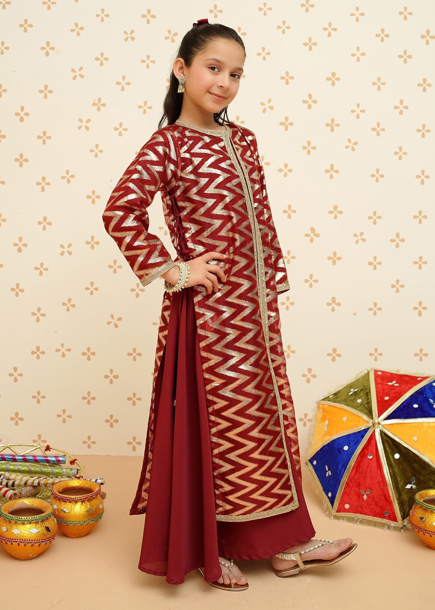 Modest - Girls Organza Suit | 8985 - Maroon - 4 Piece