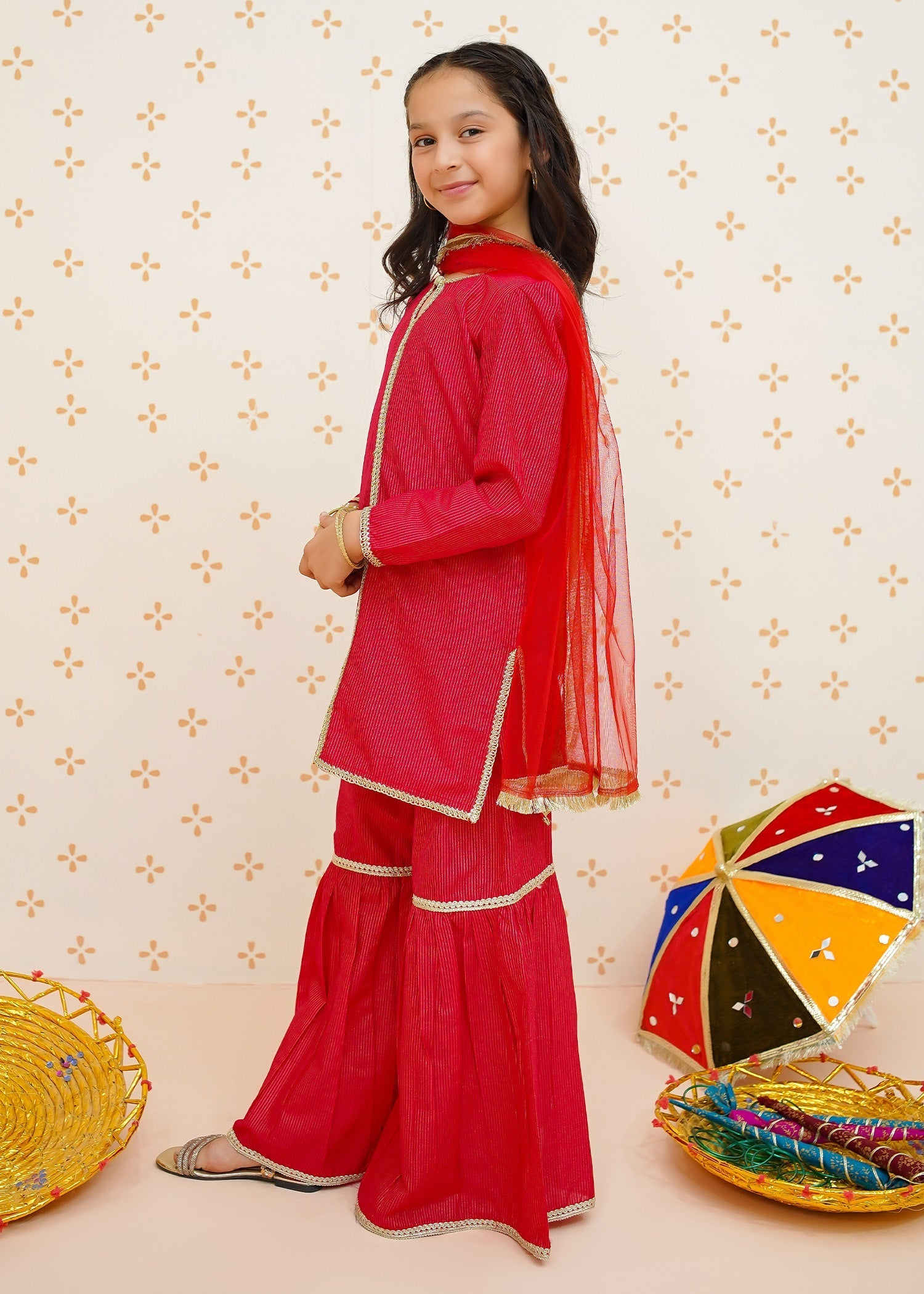 Modest - Girls Red 3 Piece Gharara Set | 9520