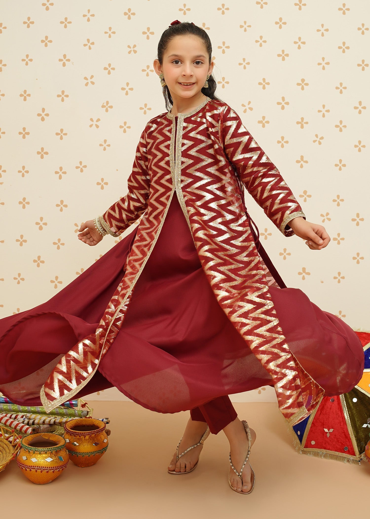 Modest - Girls Organza Suit | 8985 - Maroon - 4 Piece