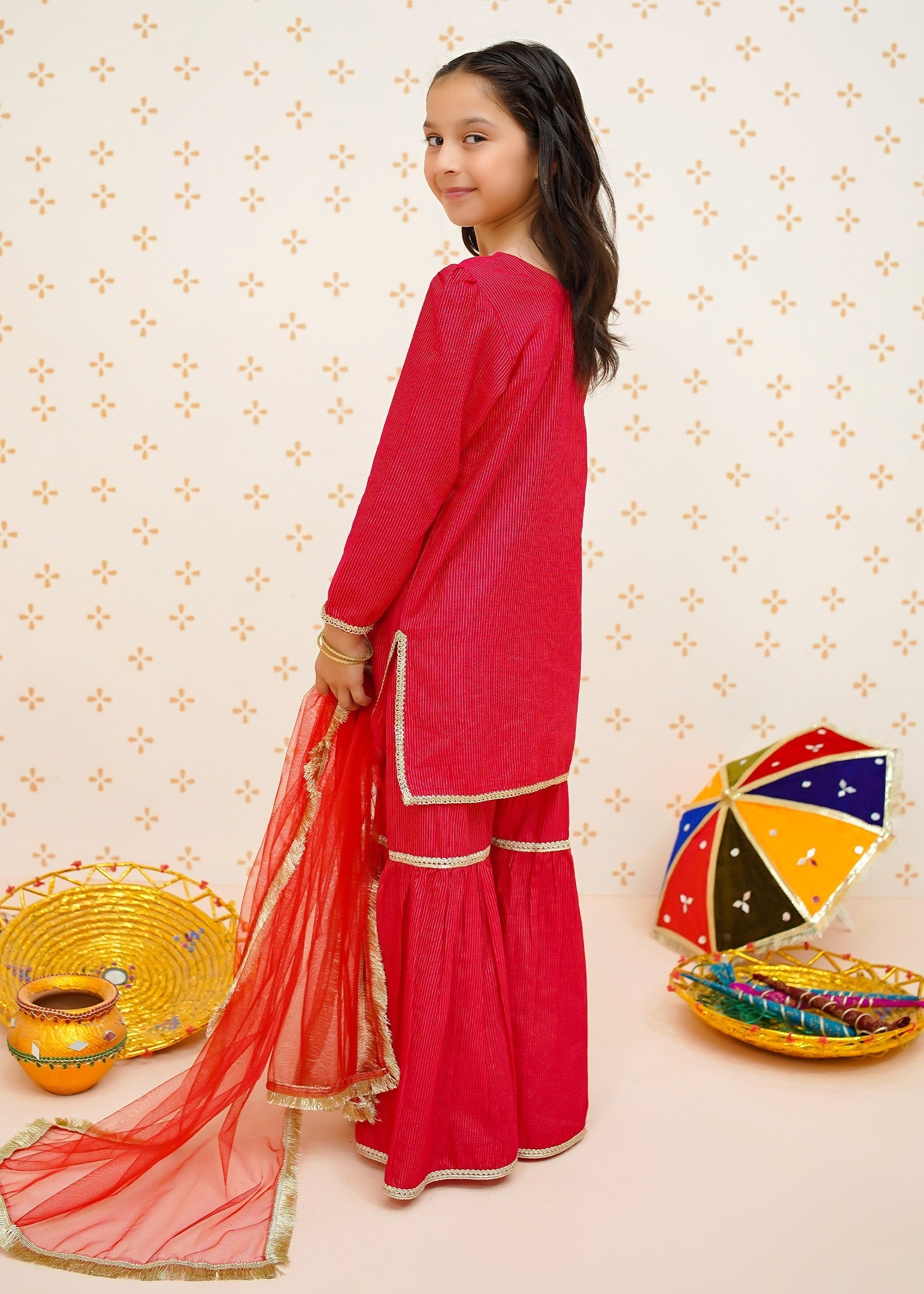 Modest - Girls Red 3 Piece Gharara Set | 9520