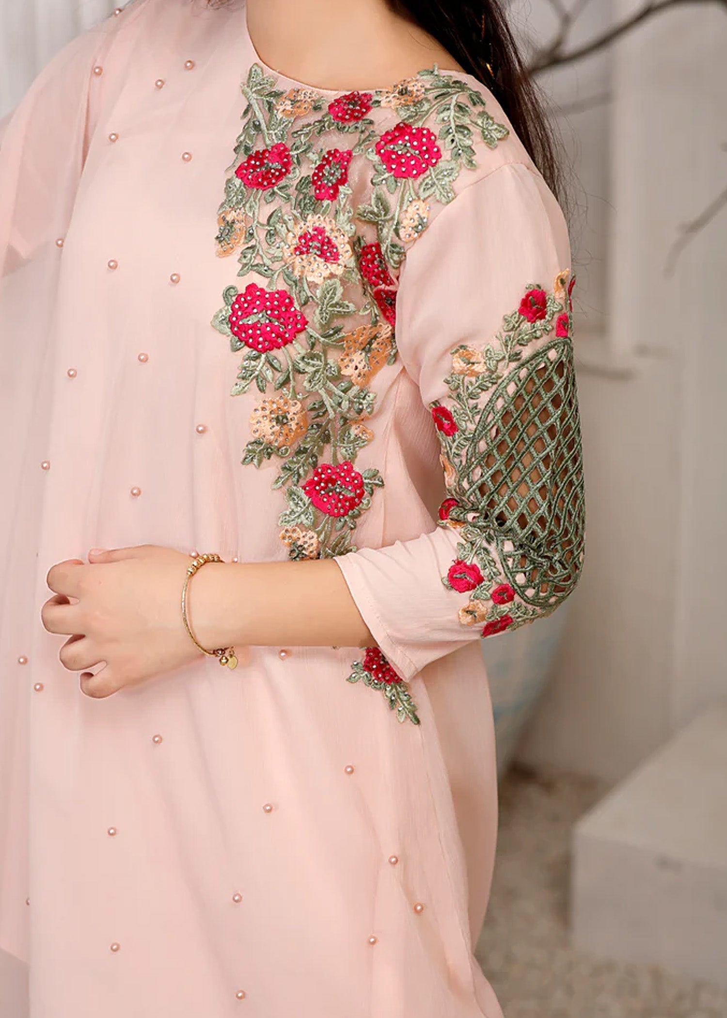 Modest - Pearl Cape Shirt - Peach - Chiffon - 3 Piece