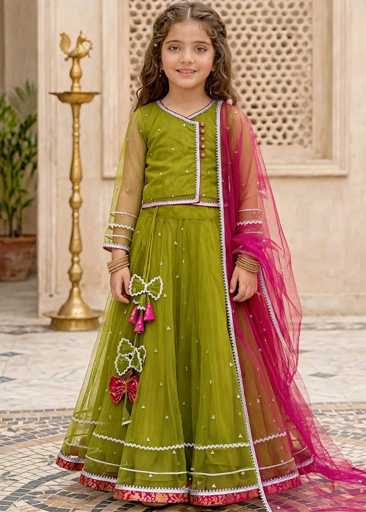 Modest Girls 3 Piece Green Net Lehenga