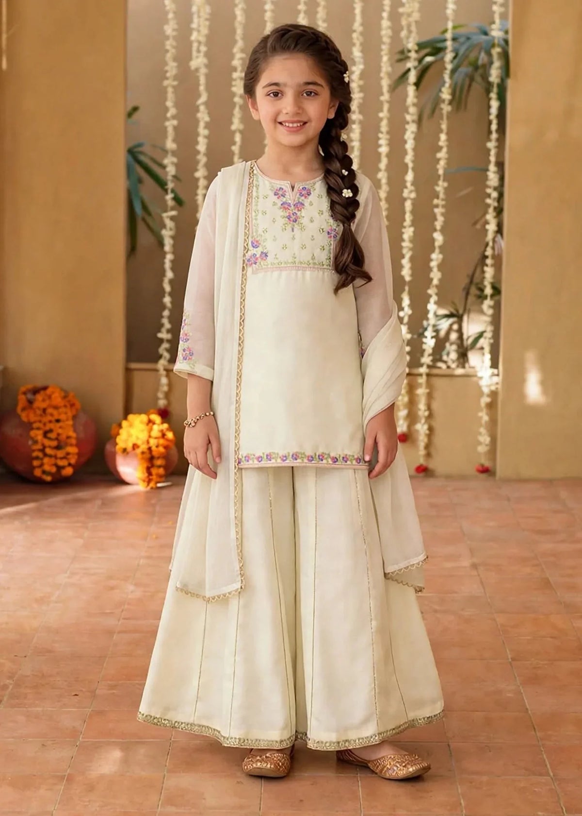 Modest 3 Piece Off White Chiffon Embroidered Sharara