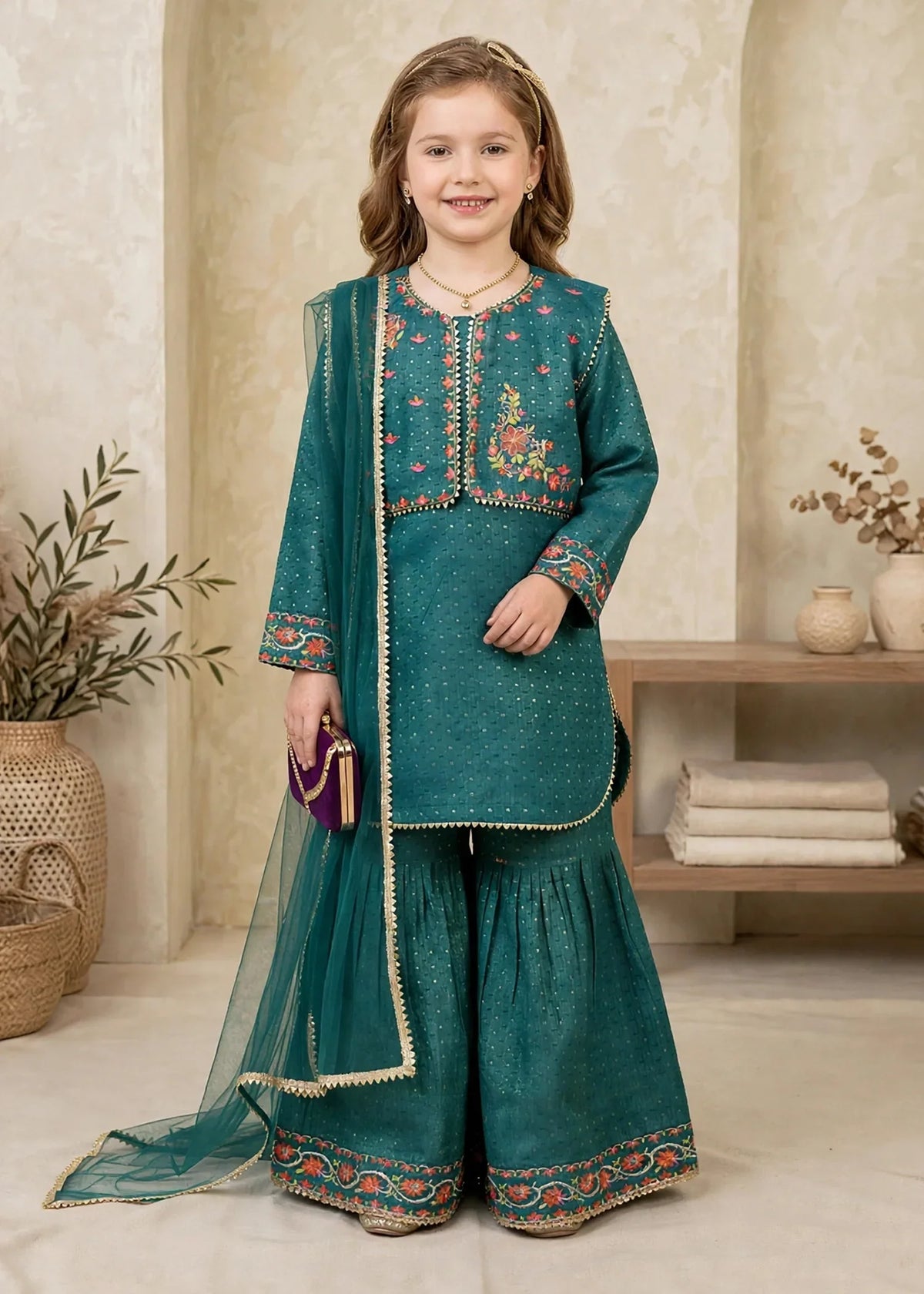Modest Cotton Lawn Embroidered Gharara Green 3 Piece