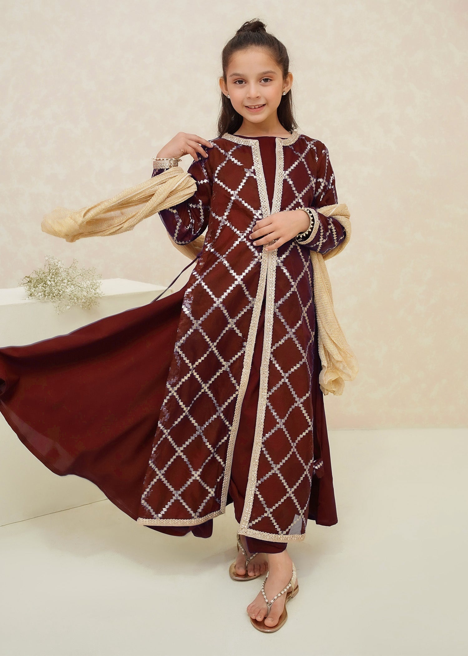 Modest - Rose - Textured Organza - Maroon - 3 Piece
