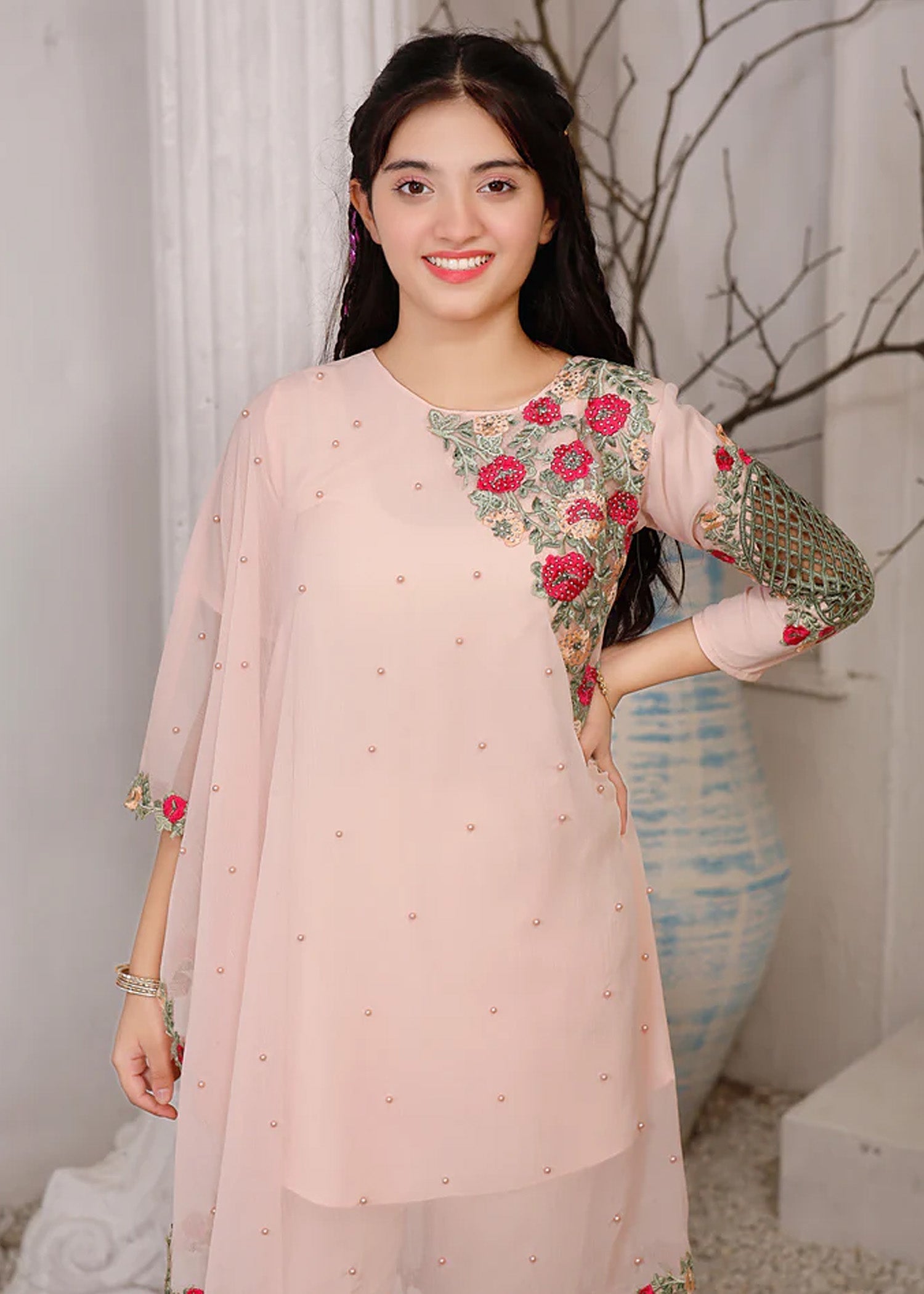 Modest - Pearl Cape Shirt - Peach - Chiffon - 3 Piece