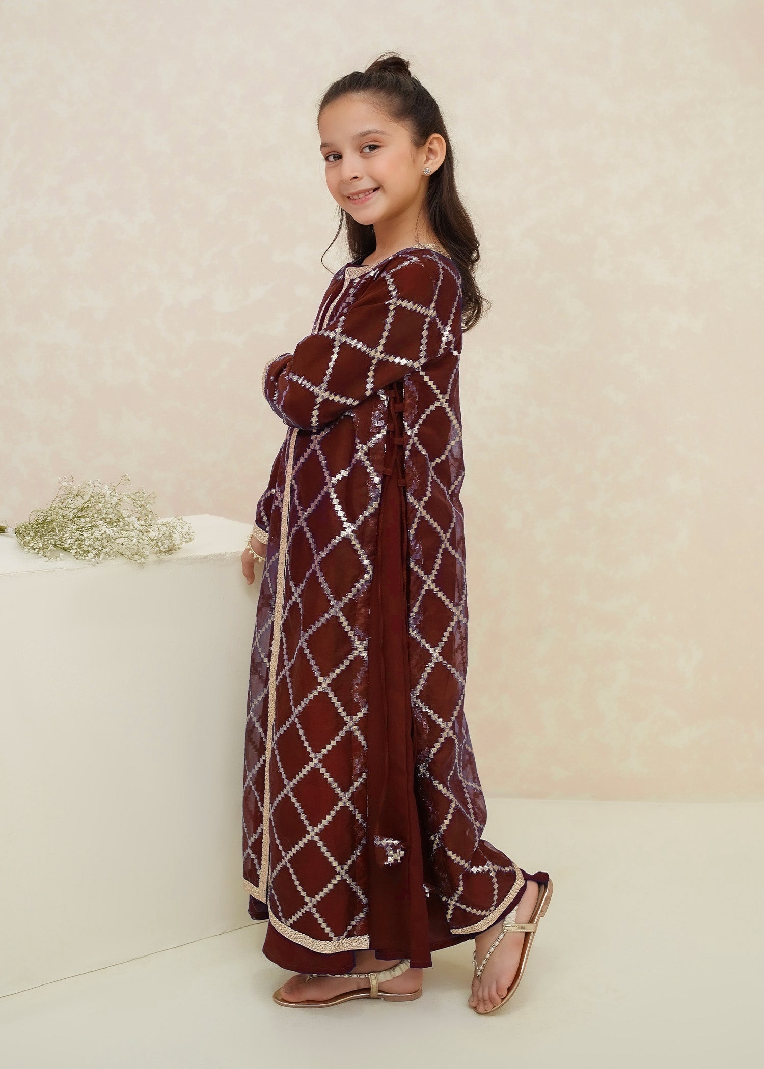 Modest - Rose - Textured Organza - Maroon - 3 Piece