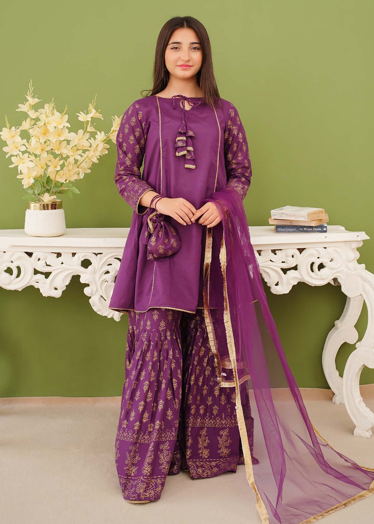 Modest - Purple Printed Cotton Gharara - Girls 3 Piece Suit
