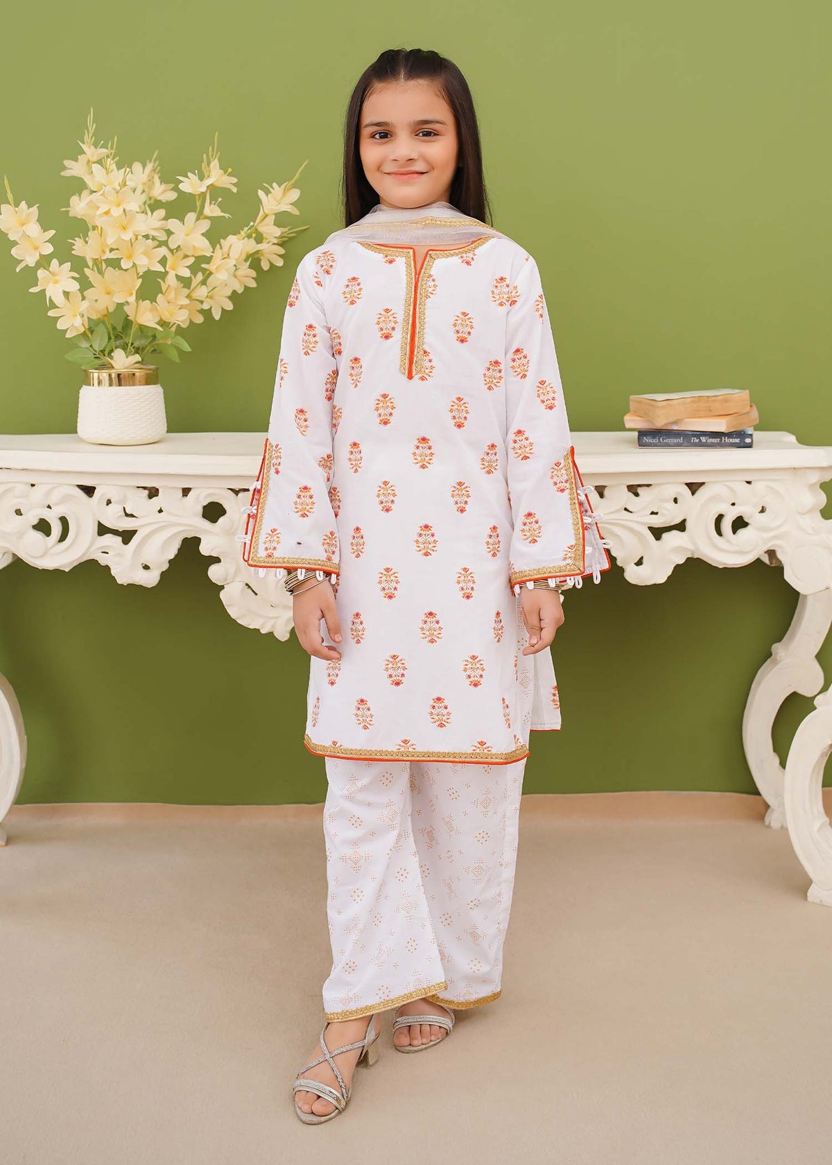 Modest - Printed White Cotton - Girls 3 Piece Suit