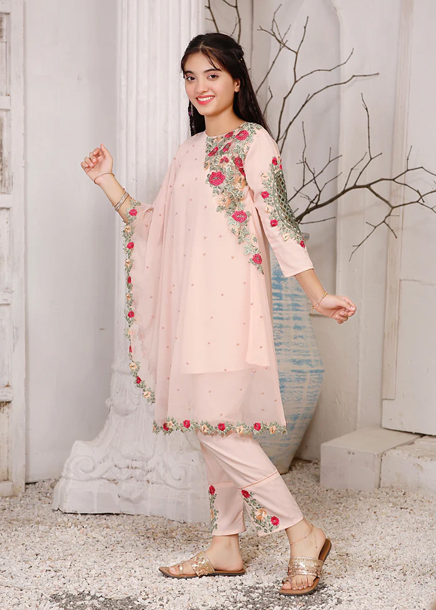 Modest - Pearl Cape Shirt - Peach - Chiffon - 3 Piece