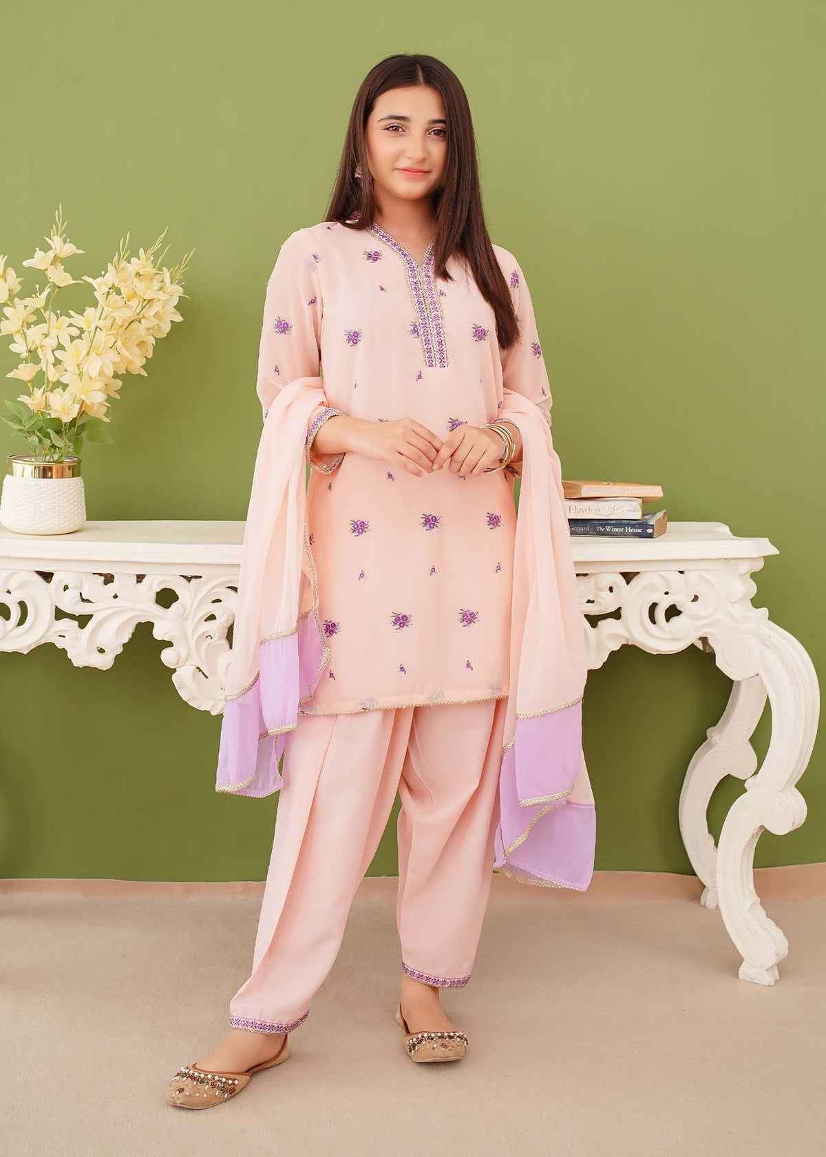 Modest - Peach Chiffon Embroidered - Girls 3 Piece Suit