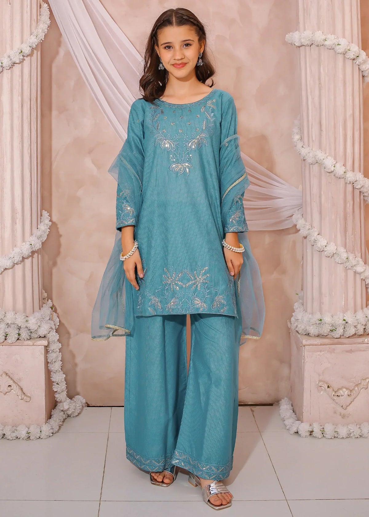 Modest - Maysuri Embroidered Suit For Girl - Blue - 3 Piece