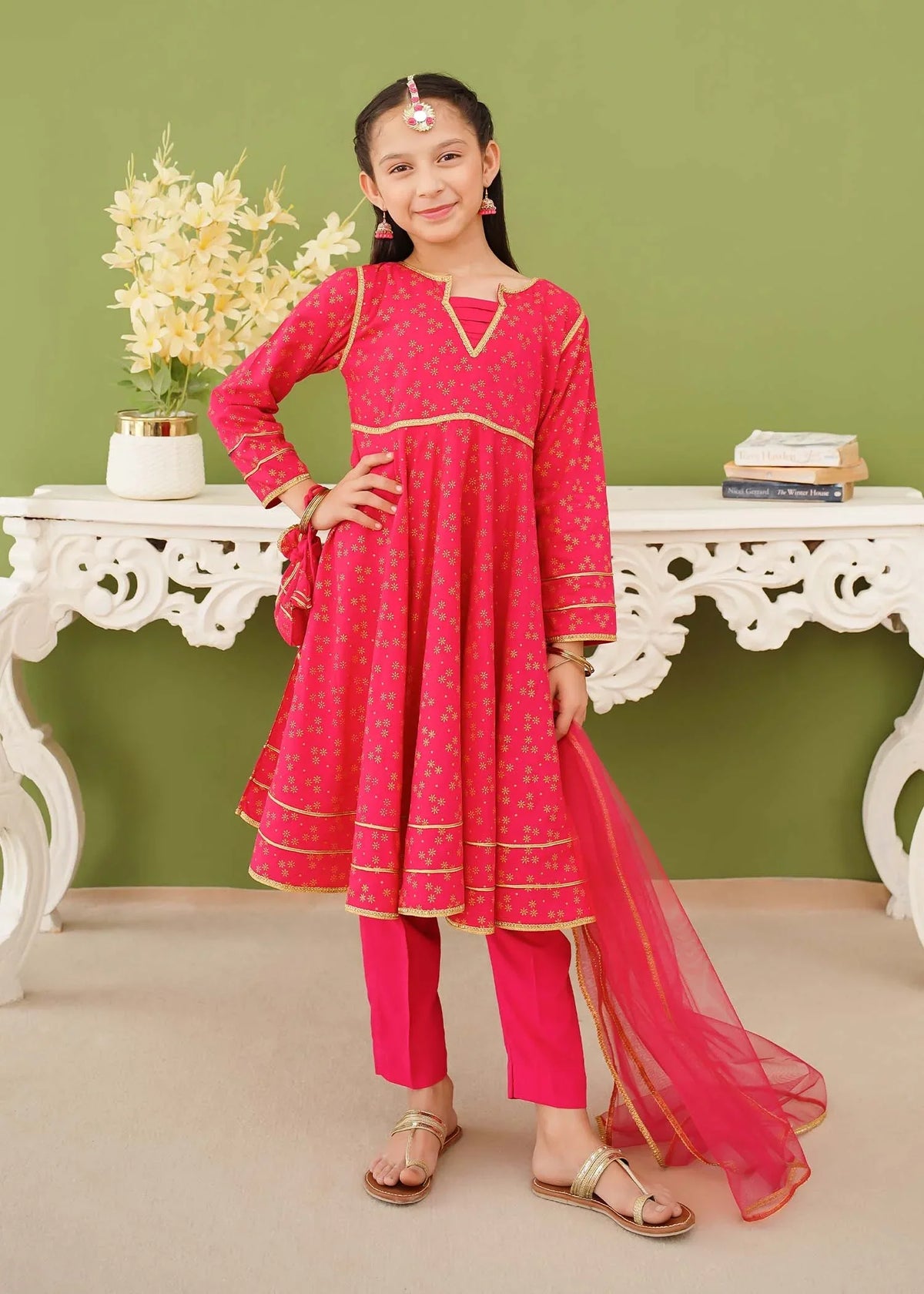 Modest - Cotton Printed Suit For Girl - Pink - 3 Piece