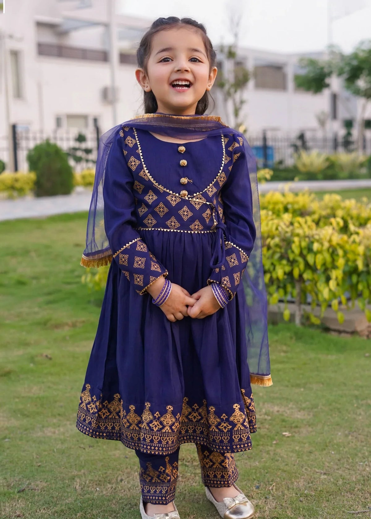 Modest 3 Piece Printed Rawsilk Frock Blue