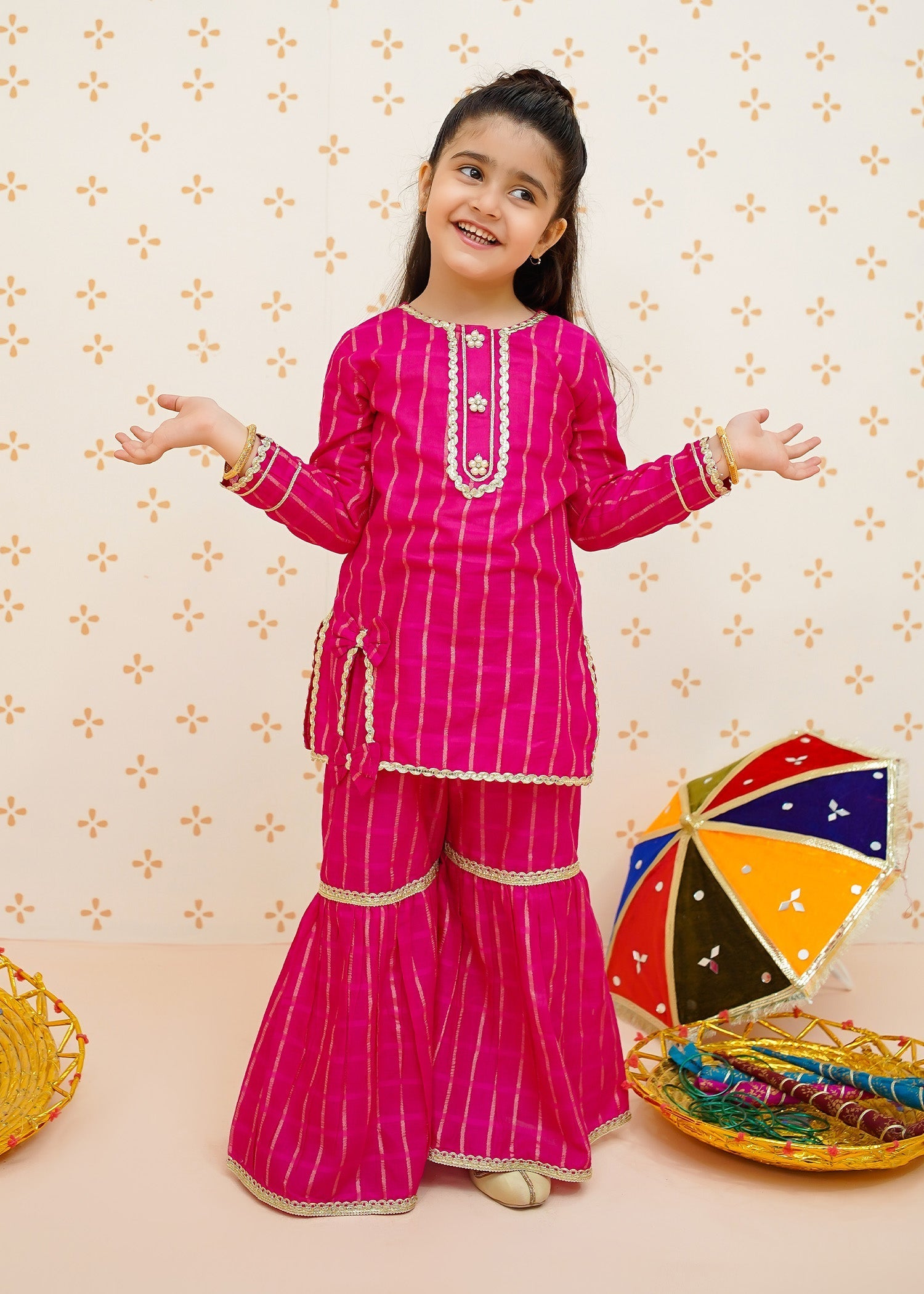 Modest - Toddler 3 Piece Cotton Gharara Set - Pink | 9540
