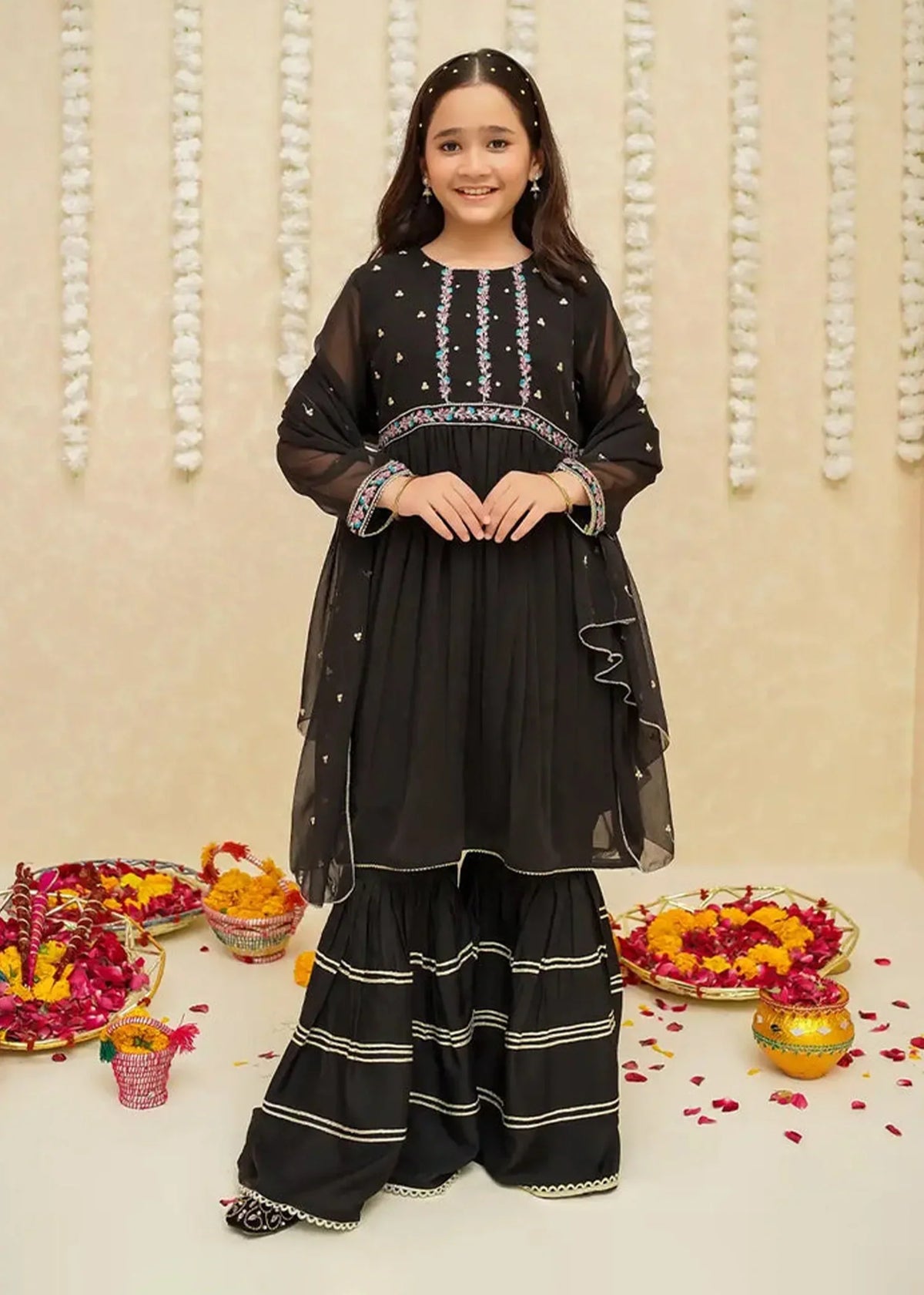 Modest - Chiffon Gharara For Girl - Black - 3 Piece