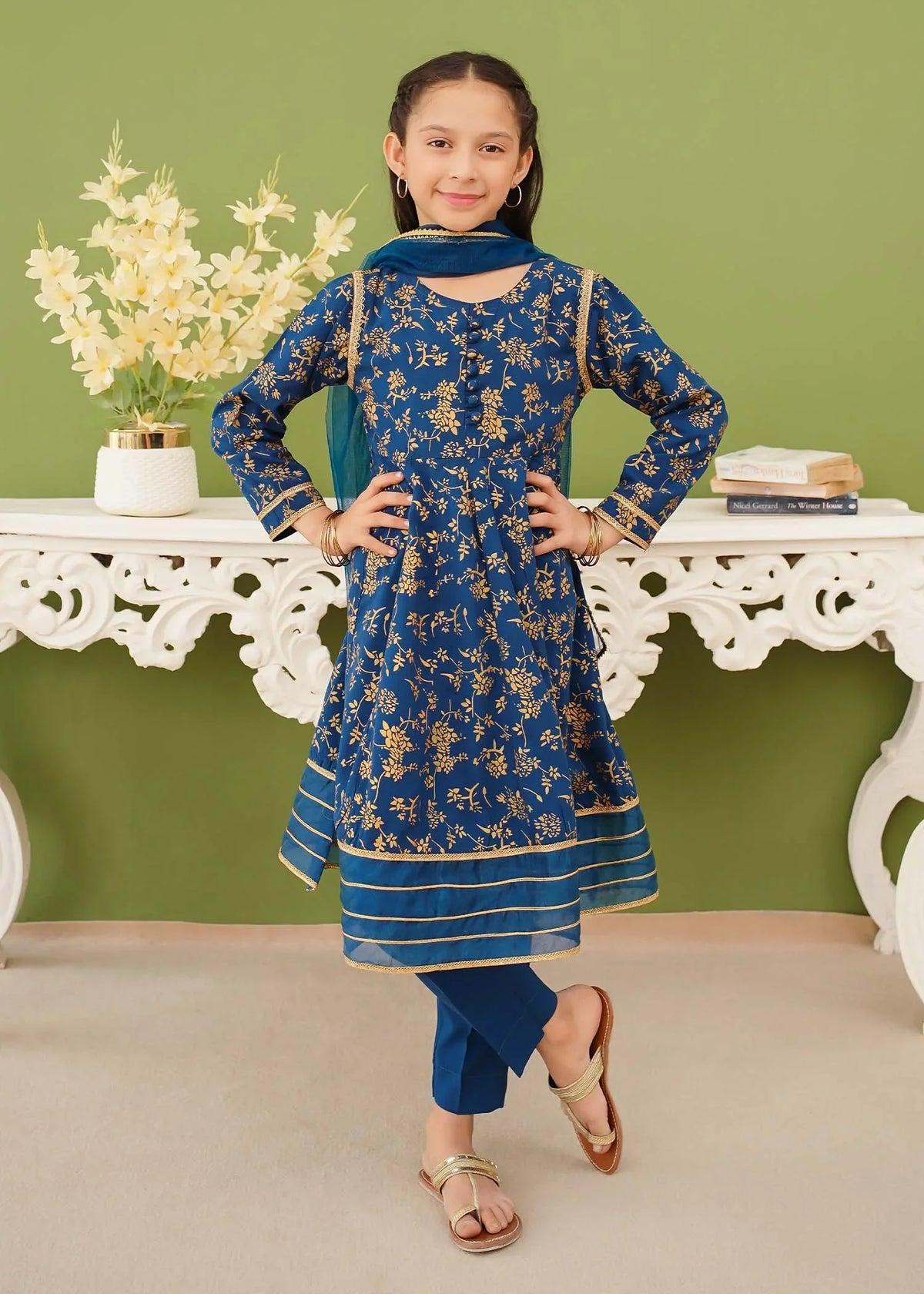 Modest - Cotton Printed Suit For Girl - Blue - 3 Piece