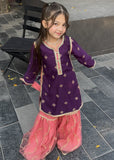 Modest - Rawsilk Embroidered Gharara For Girl - Purple - 3 Piece