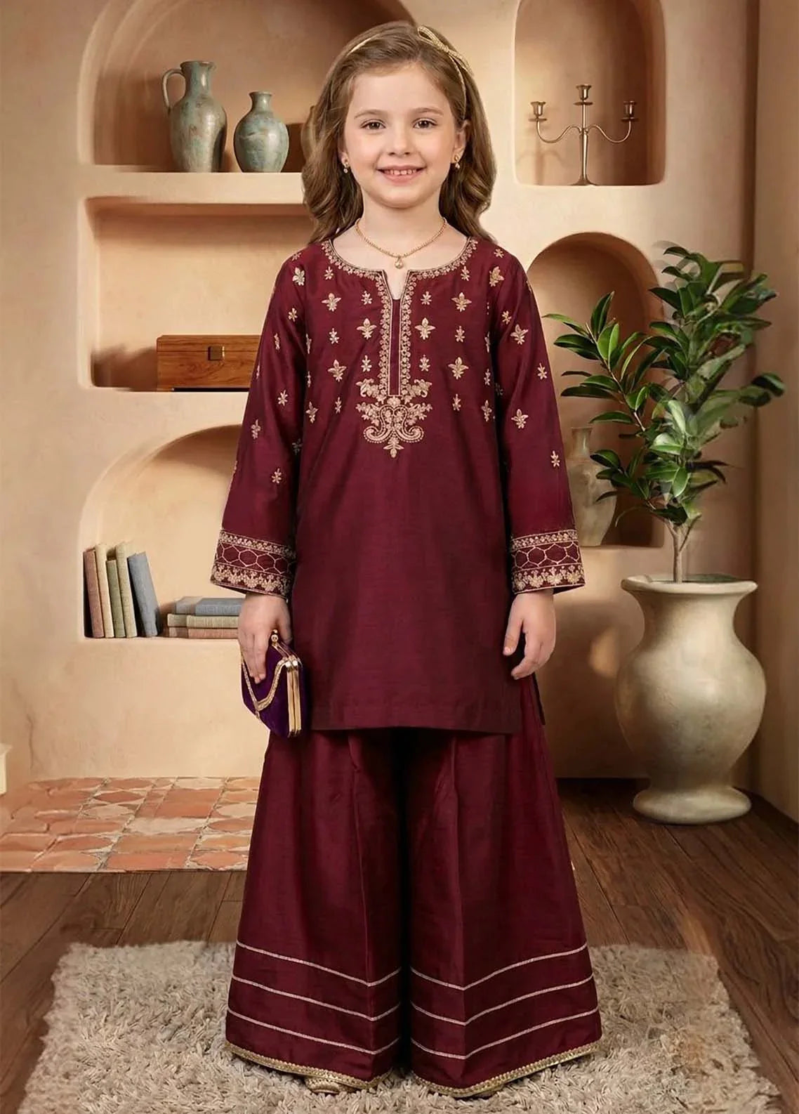 Modest - Viscose Embroidered Suit For Girl - Maroon - 3 Piece