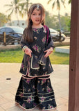 Modest - Printed Rawsilk Dress For Girl - Black - 3 Piece