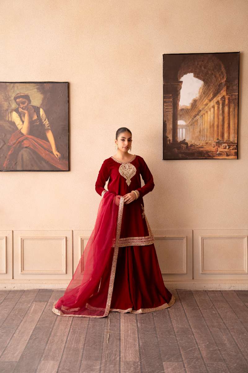 Fozia Khalid - Rose Ember - Hot Pink - Premium Velvet - 3 Piece