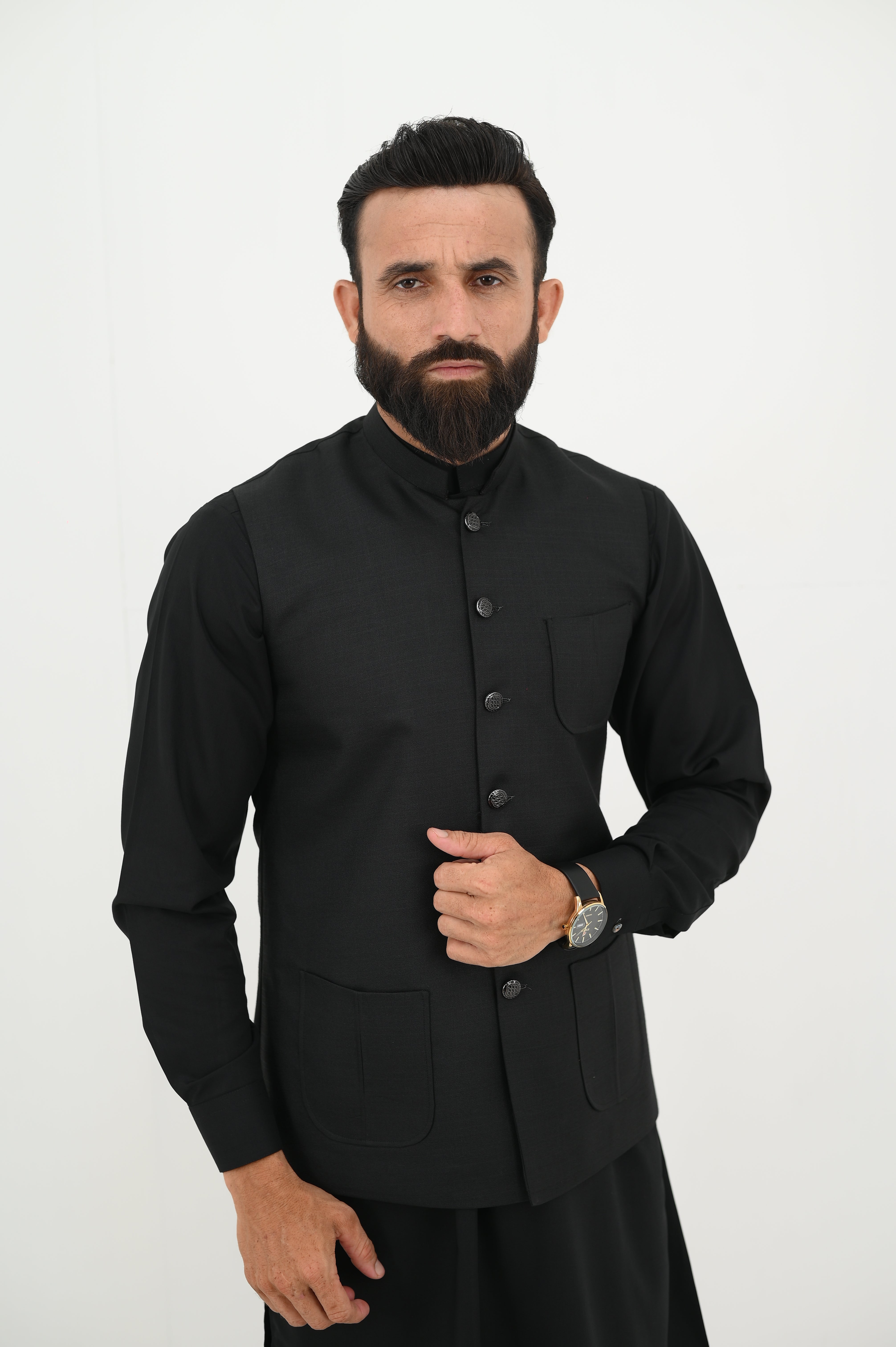 AlifYay Black Kurta Shalwar & Waistcoat - AY-018 - Blended - 3 Piece