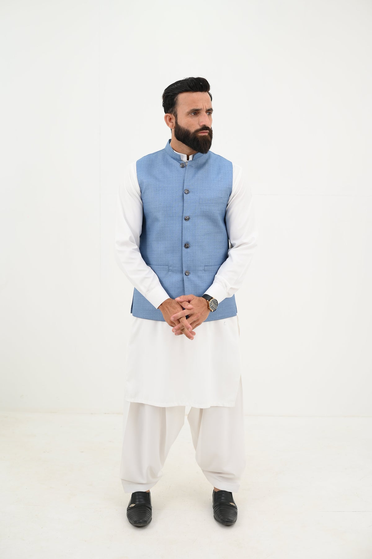 AlifYay  White Kurta Shalwar & Sky Blue Waistcoat - AY-029 - Blended - 3 Piece