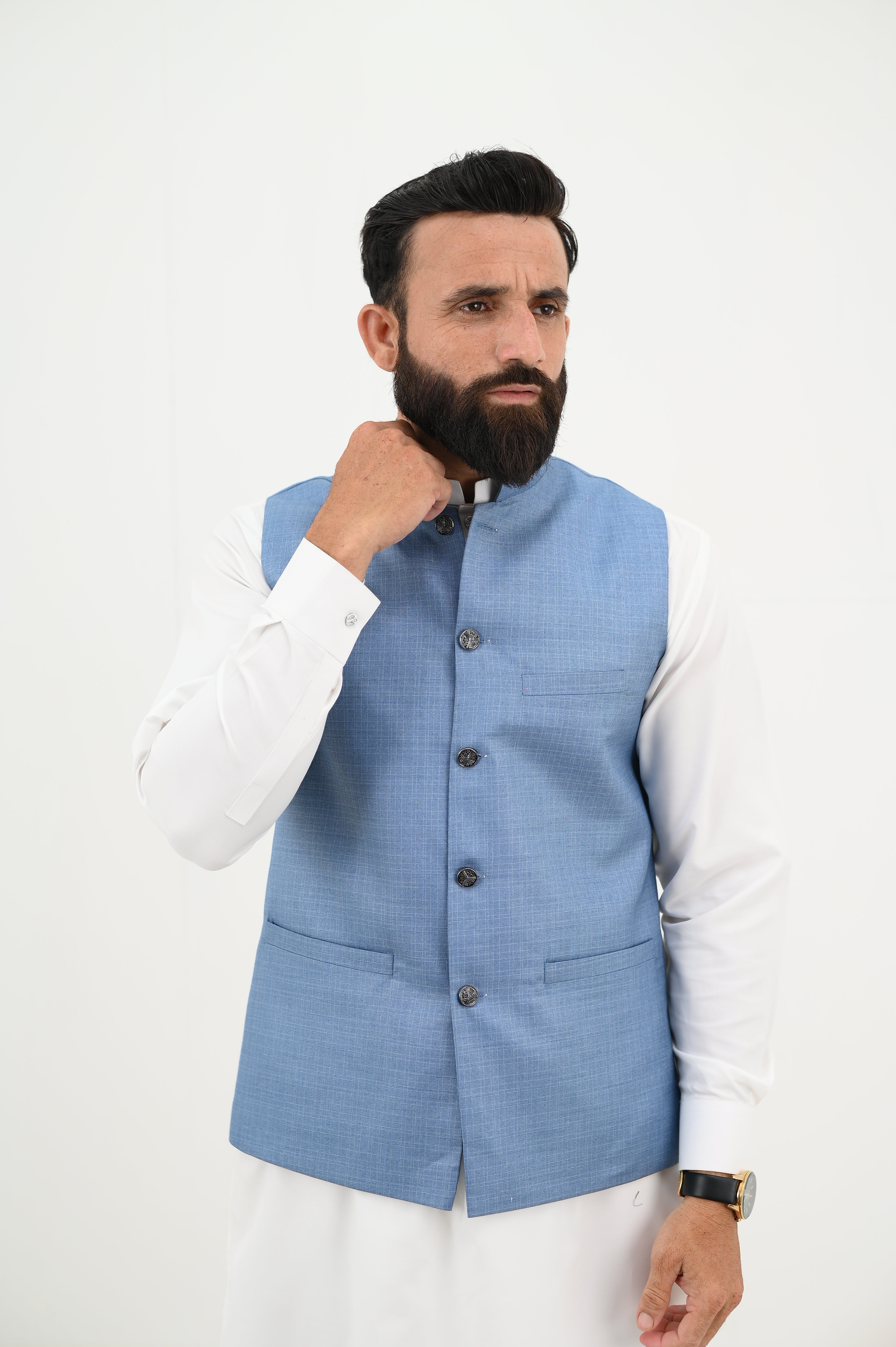 AlifYay  White Kurta Shalwar & Sky Blue Waistcoat - AY-029 - Blended - 3 Piece