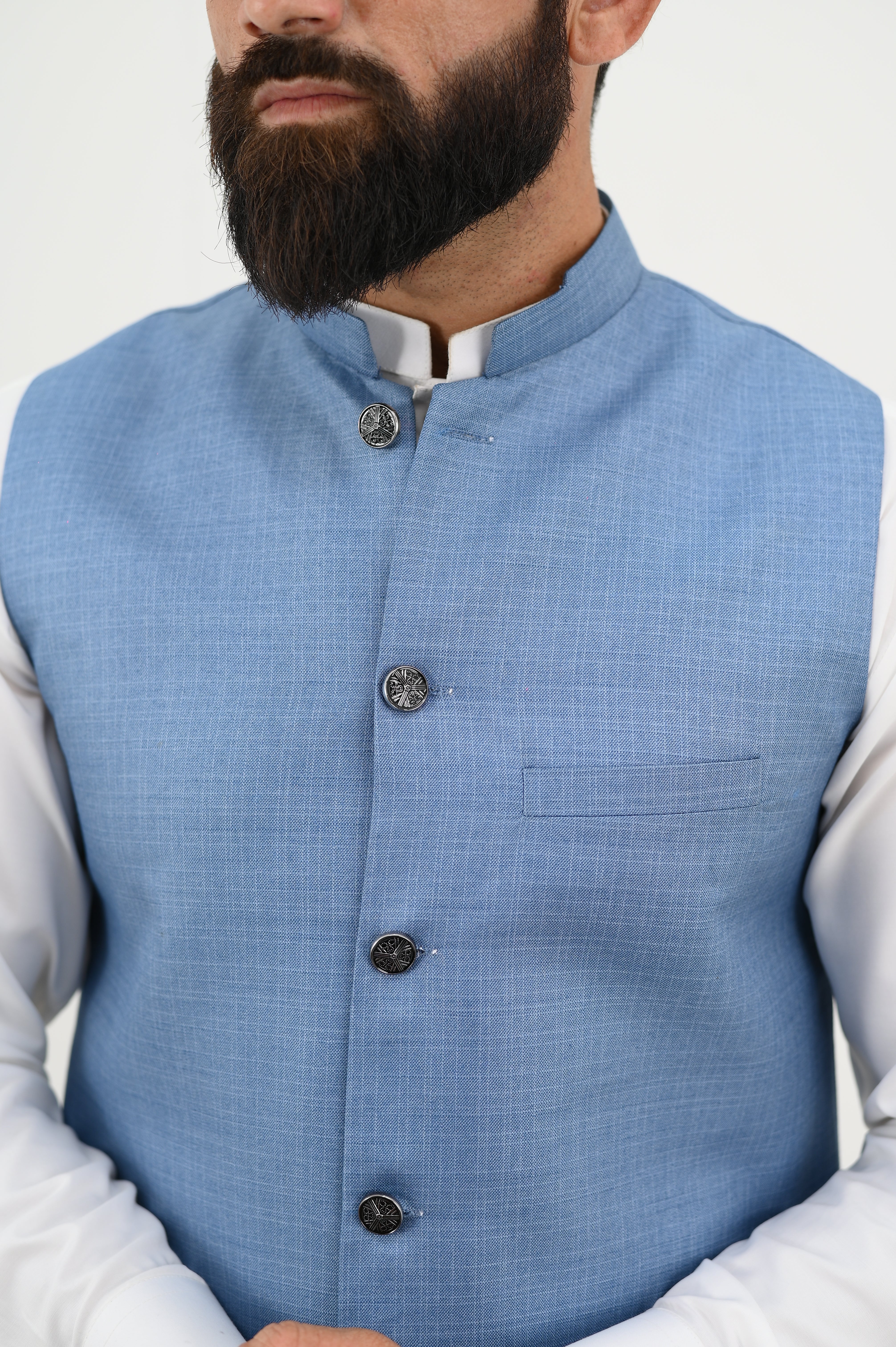 AlifYay  White Kurta Shalwar & Sky Blue Waistcoat - AY-029 - Blended - 3 Piece