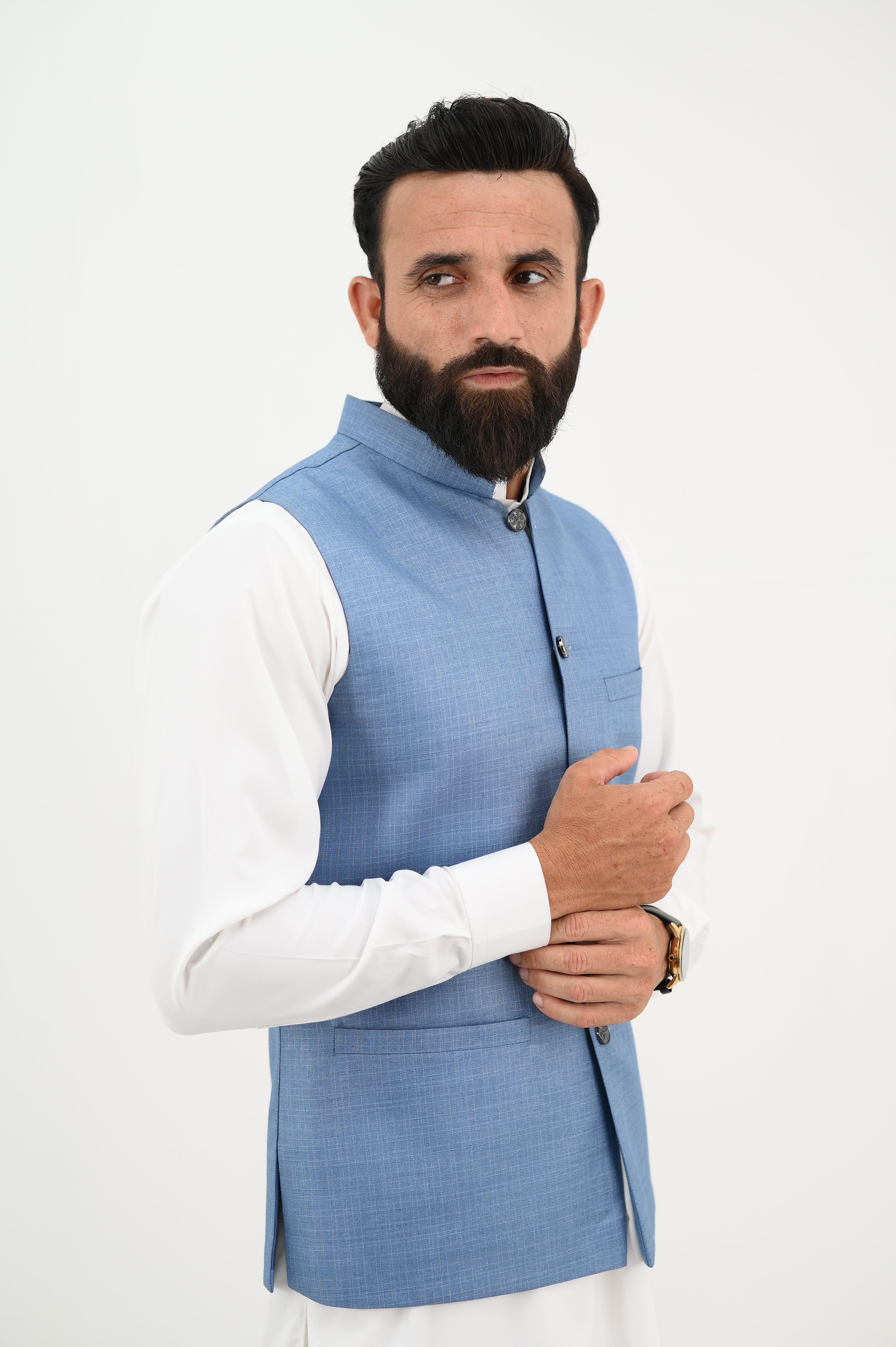 AlifYay  White Kurta Shalwar & Sky Blue Waistcoat - AY-029 - Blended - 3 Piece