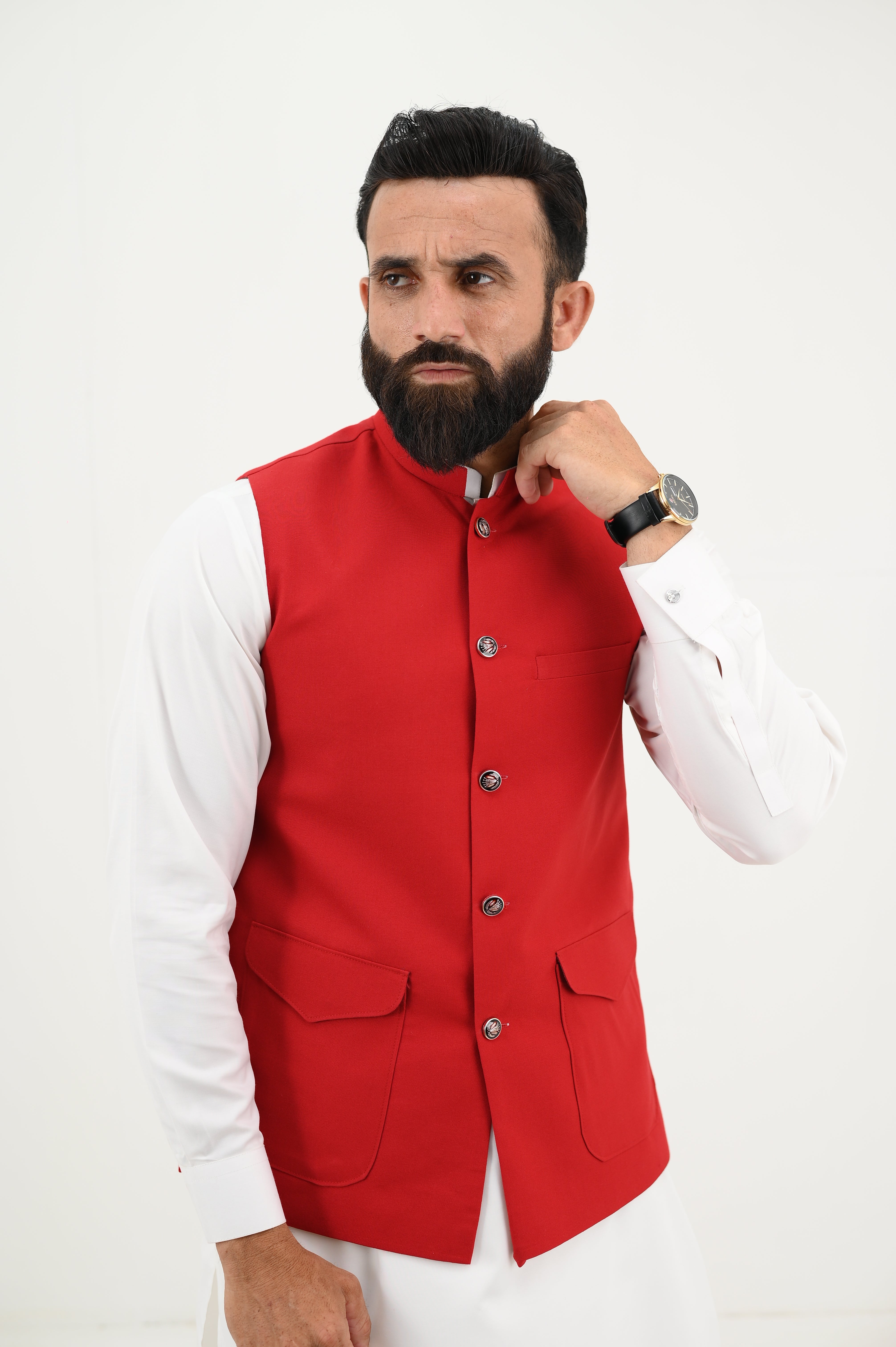 AlifYay  White Kurta Shalwar & Red Waistcoat - AY-030 - Blended - 3 Piece