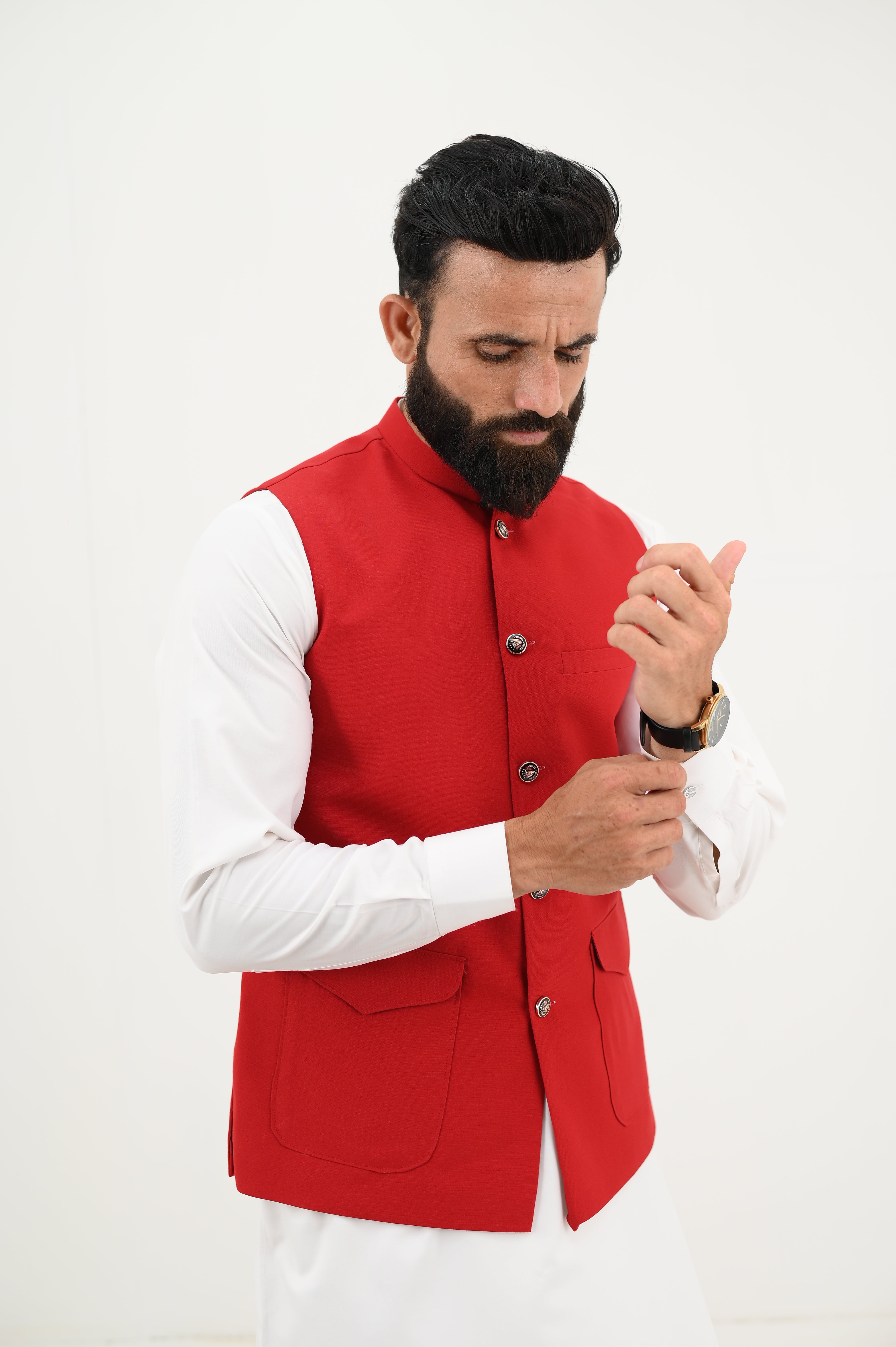 AlifYay  White Kurta Shalwar & Red Waistcoat - AY-030 - Blended - 3 Piece