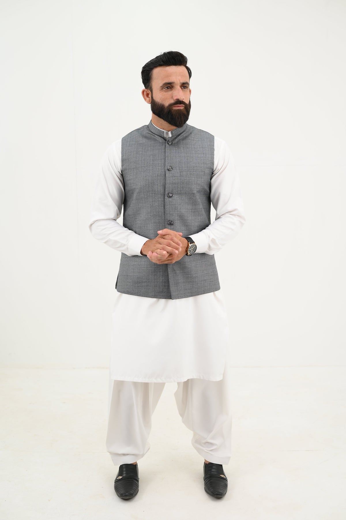 AlifYay  White Kurta Shalwar & Grey Waistcoat - AY-031 - Blended - 3 Piece
